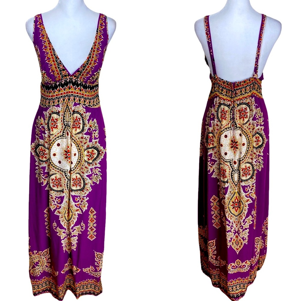 Angie deep V-neck breezy boho peasant maxi mandala pattern dress size large